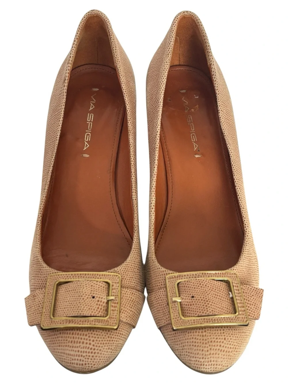 Via Spiga Faina Wedge Pump Beige Lizard Embossed Leather Buckle Heel 8.5